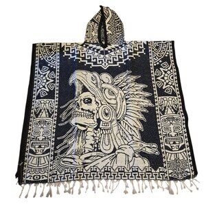 Mexican Poncho with National Emblem and Aztec Calendar Design | Black